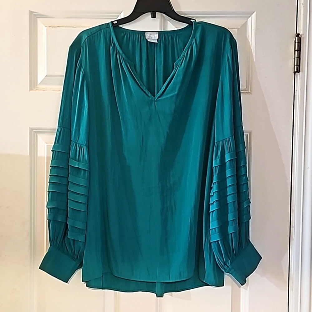 Chico's Teal V-Neck Pleated Sleeve Blouse